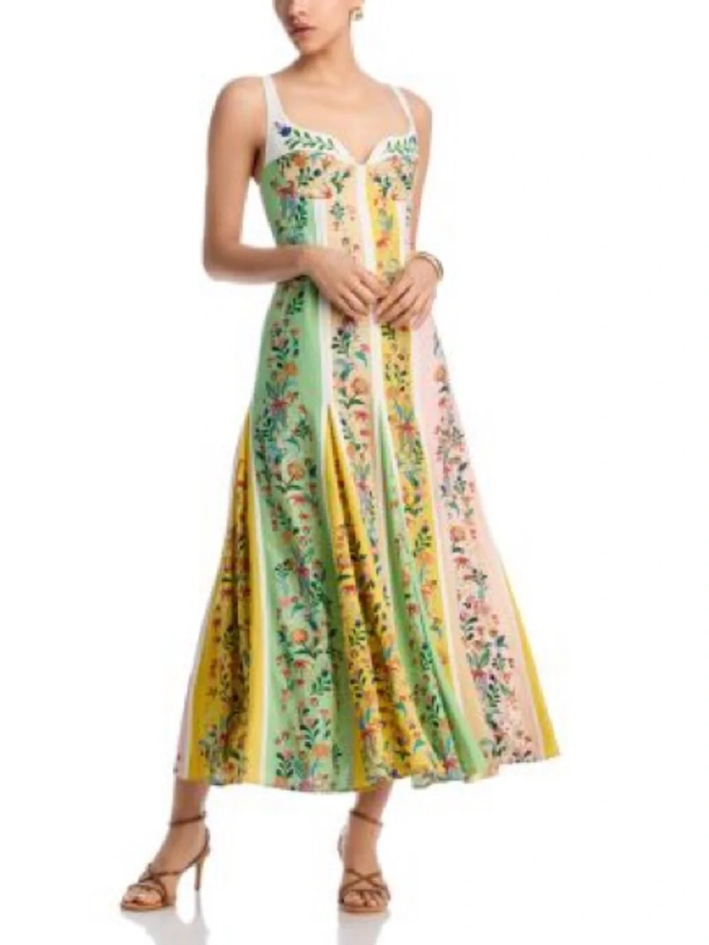 FARM RIO Floral Striped Midi Dress in Yellow and Cream - Picture 2 of 7